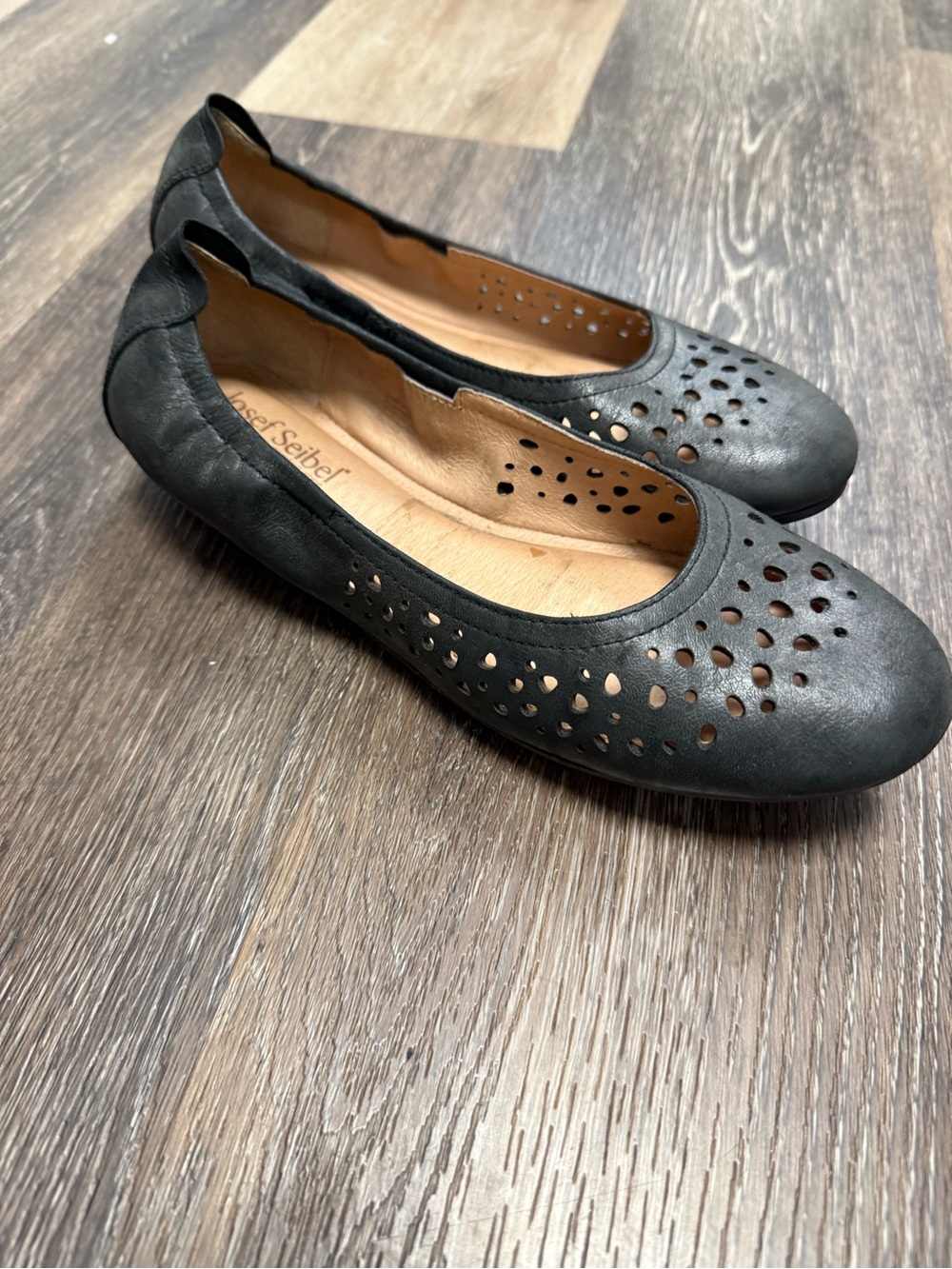 Josef Seibel Black Perforated Leather Slip-On Ballet Flats